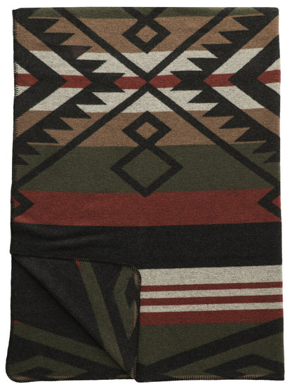 Folded wool blanket featuring geometric patterns in earth tones including black, brown, olive, and red stripes.