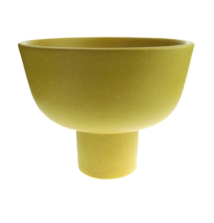 Medium-sized yellow speckled compote bowl with a raised base, suitable for home decor or tabletop use.