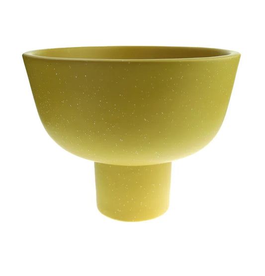 Medium-sized yellow speckled compote bowl with a raised base, suitable for home decor or tabletop use.